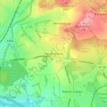 Topografische kaart Heath Hayes, hoogte, reliëf