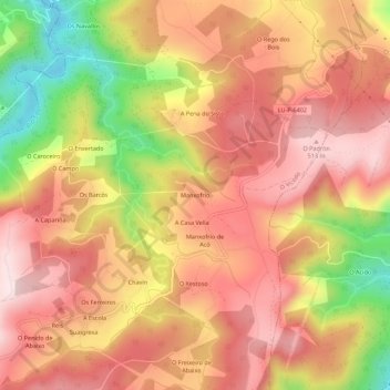 Topografische kaart Manxofrío, hoogte, reliëf