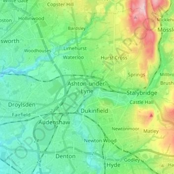 Topografische kaart Ashton-under-Lyne, hoogte, reliëf