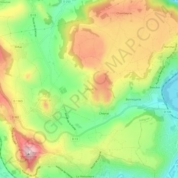 Topografische kaart Tressac, hoogte, reliëf