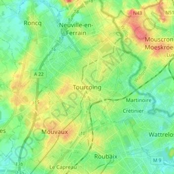 Topografische kaart Tourcoing, hoogte, reliëf