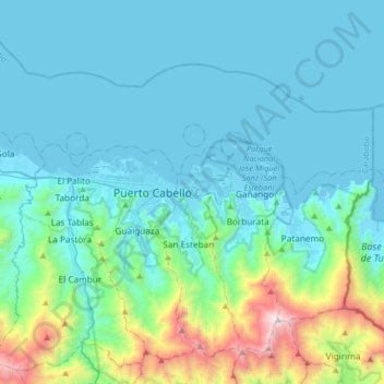 Topografische kaart Puerto Cabello, hoogte, reliëf