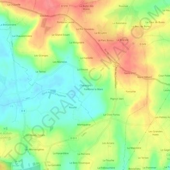 Topografische kaart Chauvigni, hoogte, reliëf