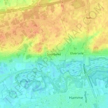 Topografische kaart Sombeke, hoogte, reliëf