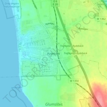 Topografische kaart Rydebäck, hoogte, reliëf