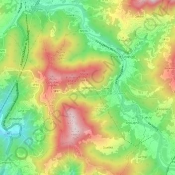 Topografische kaart Vallecalda, hoogte, reliëf