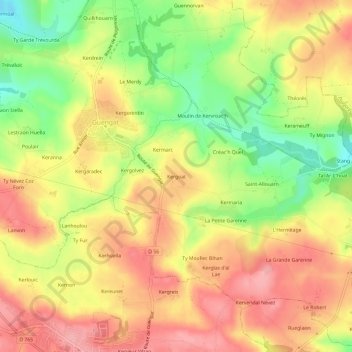 Topografische kaart Kergoat, hoogte, reliëf