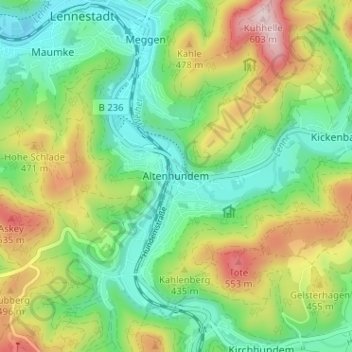 Topografische kaart Altenhundem, hoogte, reliëf