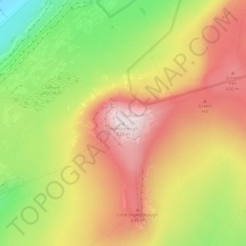 Topografische kaart Ingleborough, hoogte, reliëf