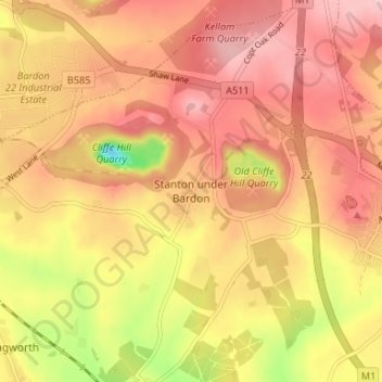 Topografische kaart Stanton under Bardon, hoogte, reliëf