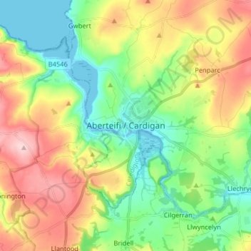 Topografische kaart Cardigan, hoogte, reliëf