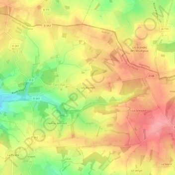 Topografische kaart Les Bordes, hoogte, reliëf