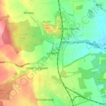 Topografische kaart Langwith, hoogte, reliëf