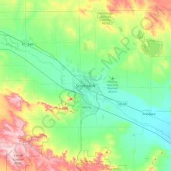 Topografische kaart Scottsbluff, hoogte, reliëf