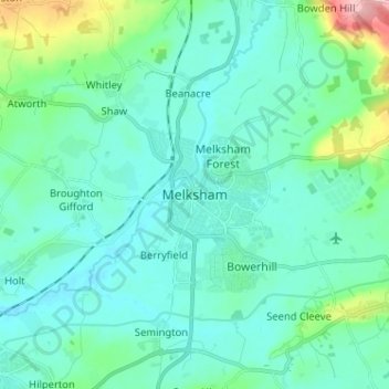 Topografische kaart Melksham, hoogte, reliëf