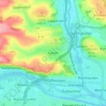 Topografische kaart Kareth, hoogte, reliëf