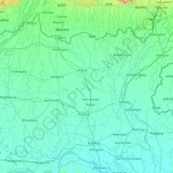 Topografische kaart Purnia, hoogte, reliëf