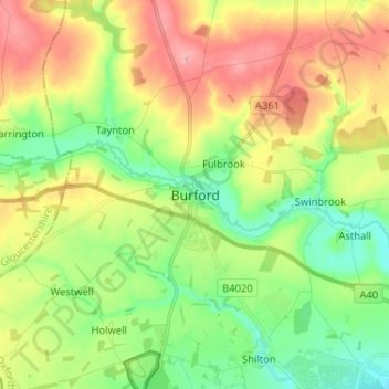 Topografische kaart Burford, hoogte, reliëf