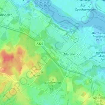 Topografische kaart Pooksgreen, hoogte, reliëf