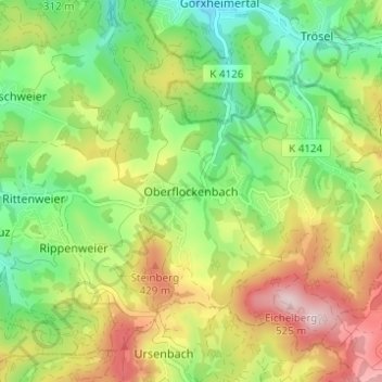 Topografische kaart Oberflockenbach, hoogte, reliëf