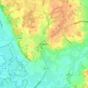 Topografische kaart Brünen, hoogte, reliëf
