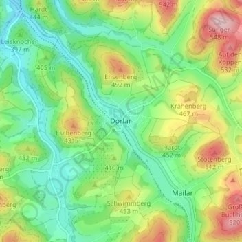 Topografische kaart Dorlar, hoogte, reliëf