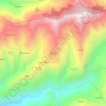 Topografische kaart Miyani, hoogte, reliëf