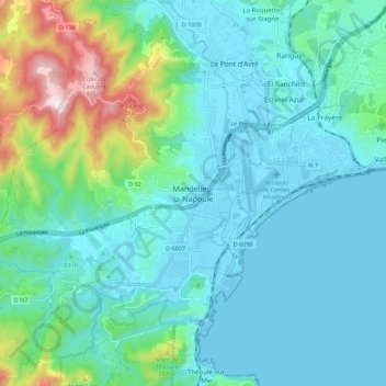 Topografische kaart Mandelieu-la-Napoule, hoogte, reliëf