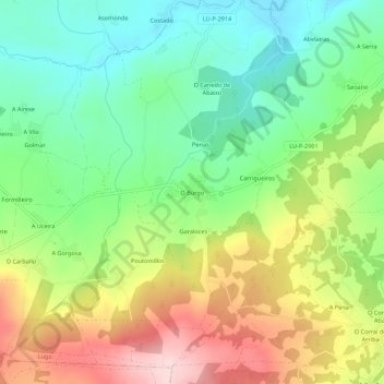 Topografische kaart O Burgo, hoogte, reliëf