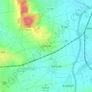 Topografische kaart Lemmie, hoogte, reliëf