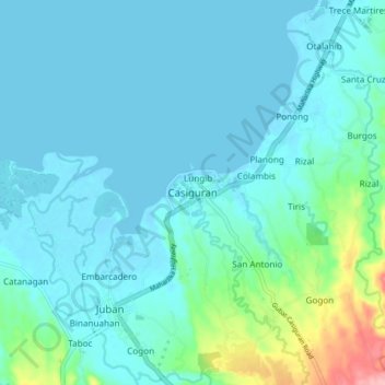 Topografische kaart Casiguran, hoogte, reliëf