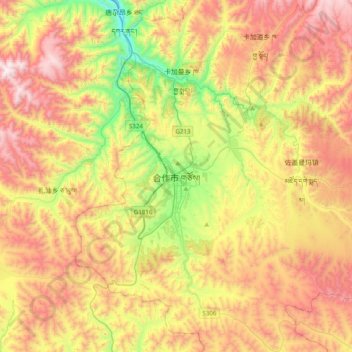 Topografische kaart Hezuo, hoogte, reliëf