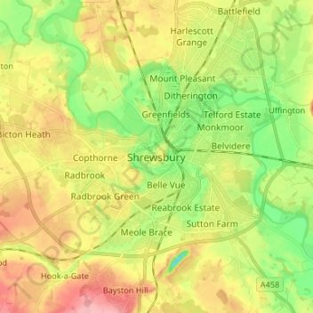Topografische kaart Shrewsbury, hoogte, reliëf