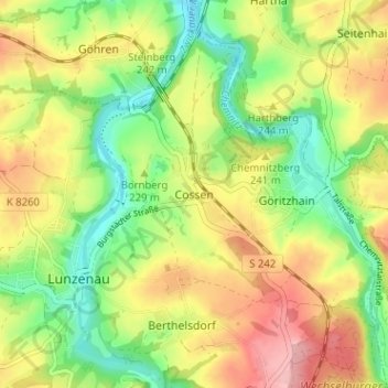 Topografische kaart Cossen, hoogte, reliëf