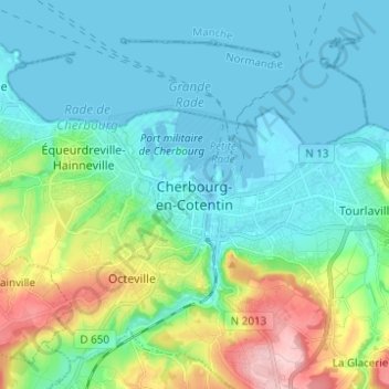Topografische kaart Cherbourg-en-Cotentin, hoogte, reliëf
