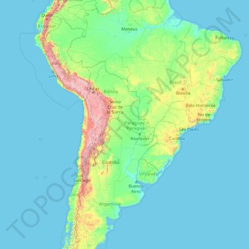 Topografische kaart Zuid-Amerika, hoogte, reliëf