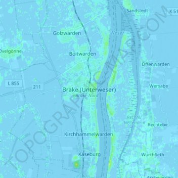 Topografische kaart Brake (Unterweser), hoogte, reliëf