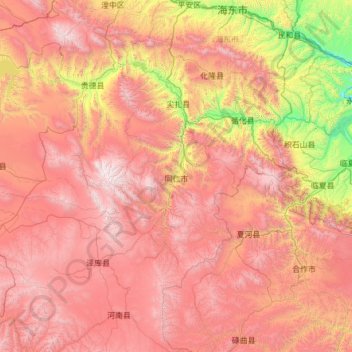 Topografische kaart Huangnan, hoogte, reliëf