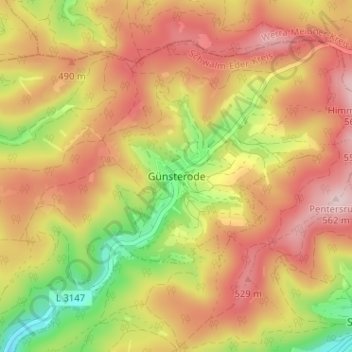 Topografische kaart Günsterode, hoogte, reliëf
