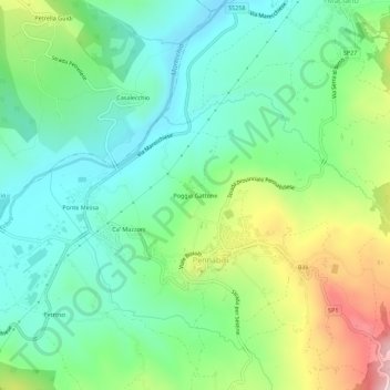 Topografische kaart Poggio Gattone, hoogte, reliëf