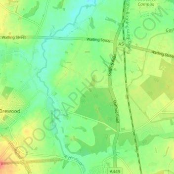 Topografische kaart Crateford, hoogte, reliëf