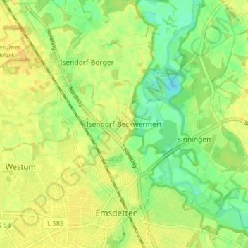 Topografische kaart Isendorf-Beckwermert, hoogte, reliëf