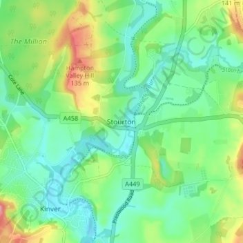 Topografische kaart Stourton, hoogte, reliëf