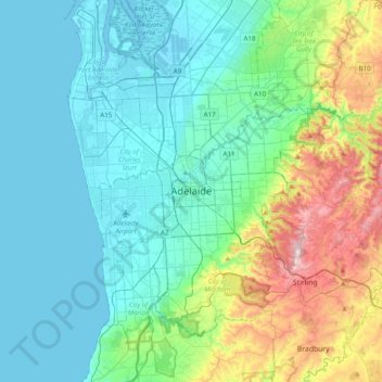 Topografische kaart Adelaide, hoogte, reliëf