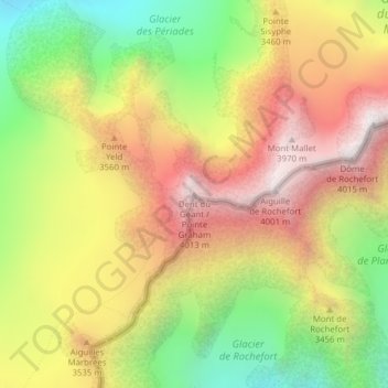 Topografische kaart Dent du Géant, hoogte, reliëf