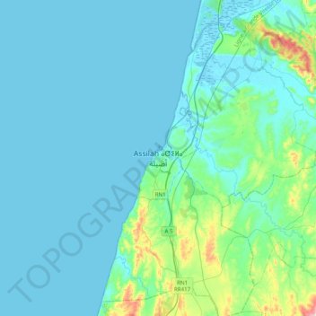 Topografische kaart Assilah ⴰⵚⵉⵍⴰ أصيلة, hoogte, reliëf
