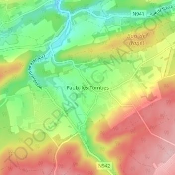 Topografische kaart Faulx-Les Tombes, hoogte, reliëf