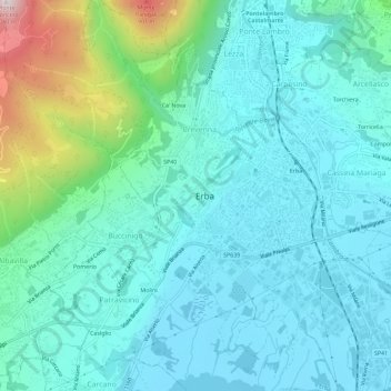 Topografische kaart Erba Alta, hoogte, reliëf