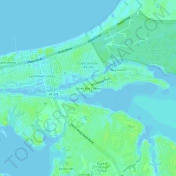 Topografische kaart Broad Bay Colony, hoogte, reliëf