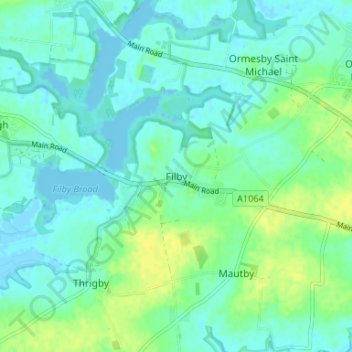 Topografische kaart Filby, hoogte, reliëf